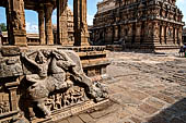 The great Chola temples of Tamil Nadu - The Airavatesvara temple of Darasuram. Detail of the balustrade of the  N-W corner of the prakara-wall.